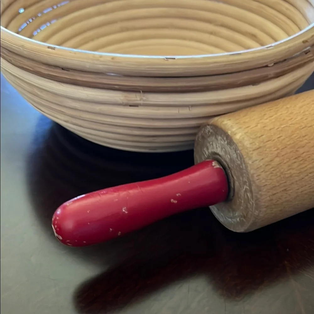 Handcrafted Wooden Cookware: Vintage Rolling Pin & Spiral Bread Proofing Basket